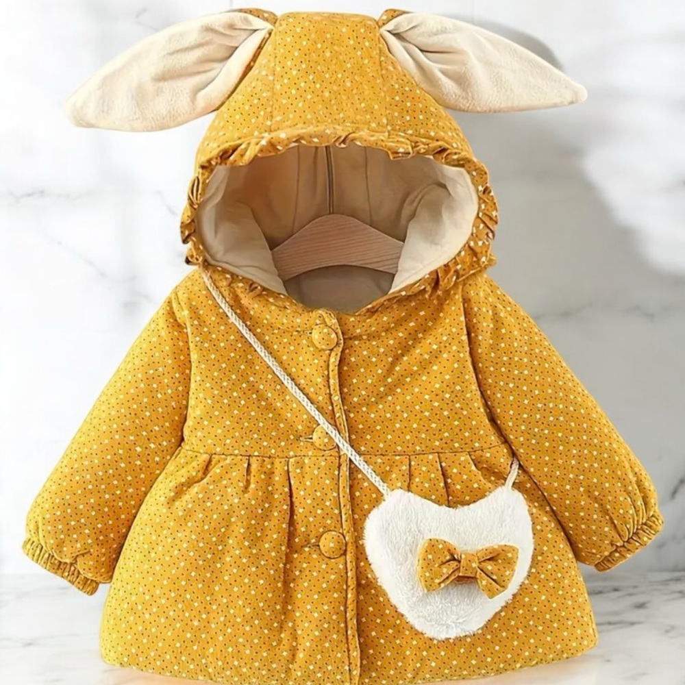 ✨💛🐰Floral Bunny Hood Flare Puff Coat with Matching Little Bag🥹🐰💛✨